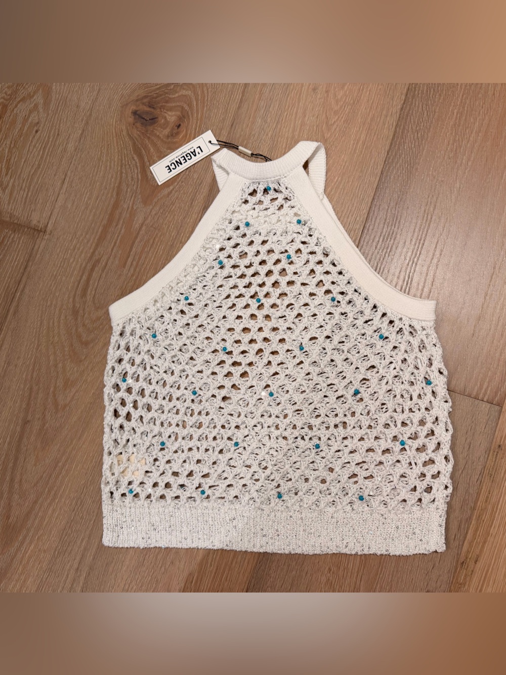 L Agence Parmida embellished open knit crochet Tank Top with Turquoise beads - Picture 3 of 7